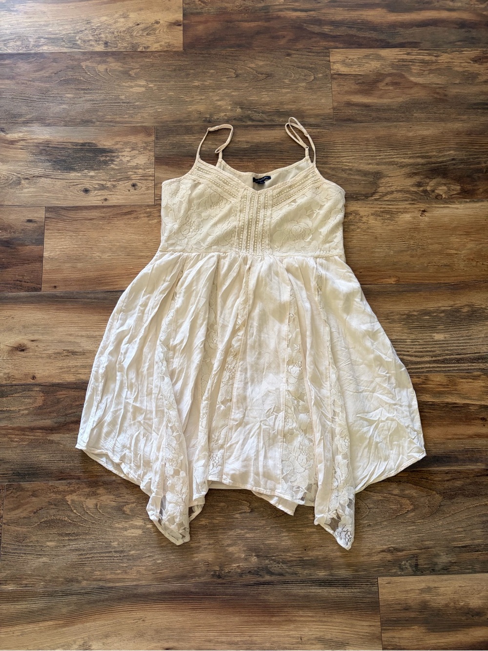 American Eagle Outfitters Ivory Lace Handkerchief-Hem Mini Dress